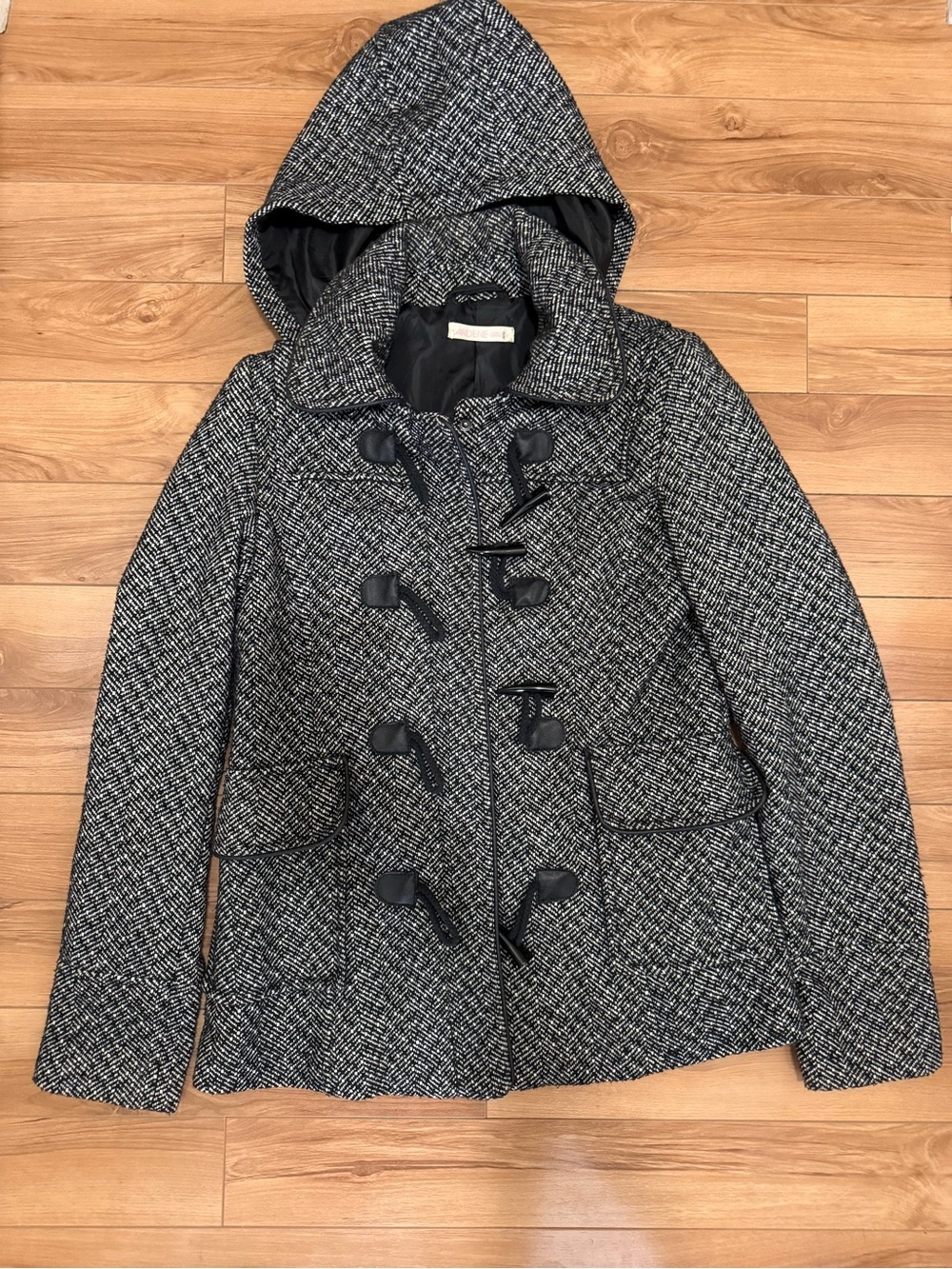 Ardene Hooded Toggle Coat - Black & White Tweed with removable hood